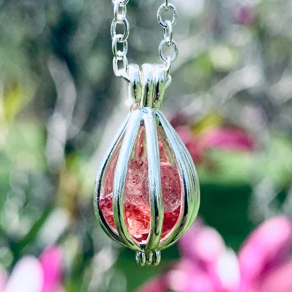 Strawberry Quartz Caged Pendant Necklace